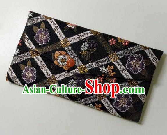 Japanese Traditional Classical Sakura Pattern Black Brocade Handbag Asian Japan Nishijin Satin Bags Wallet