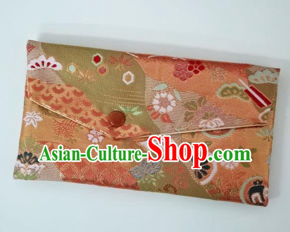 Japanese Traditional Classical Pattern Orange Brocade Handbag Asian Japan Nishijin Satin Bags Wallet