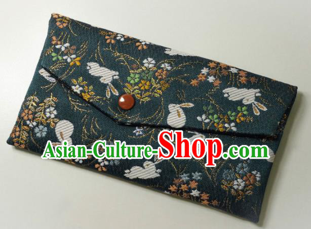 Japanese Traditional Classical Orchid Rabbits Pattern Atrovirens Brocade Handbag Asian Japan Nishijin Satin Bags Wallet