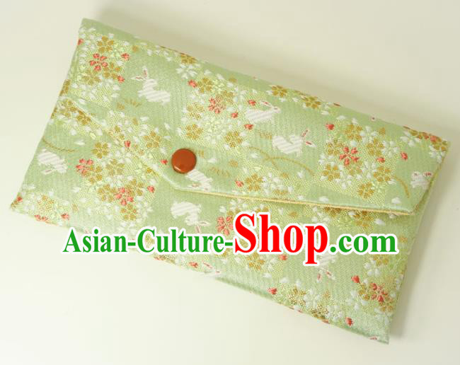 Japanese Traditional Classical Orchid Rabbits Pattern Green Brocade Handbag Asian Japan Nishijin Satin Bags Wallet