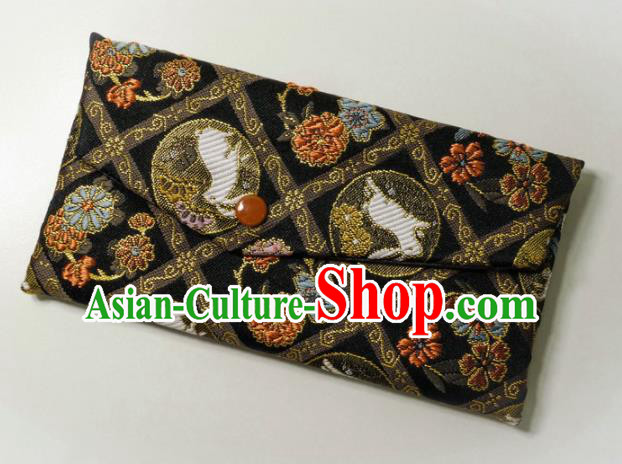 Japanese Traditional Classical Orchid Rabbits Pattern Black Brocade Handbag Asian Japan Nishijin Satin Bags Wallet
