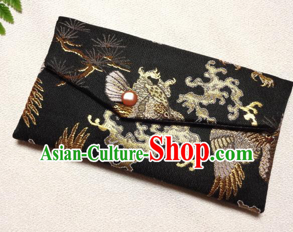 Japanese Traditional Classical Pine Pattern Black Brocade Handbag Asian Japan Nishijin Satin Bags Wallet