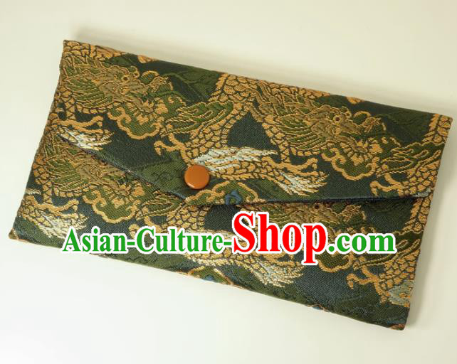 Japanese Traditional Classical Cloud Dragon Pattern Olive Green Brocade Handbag Asian Japan Nishijin Satin Bags Wallet