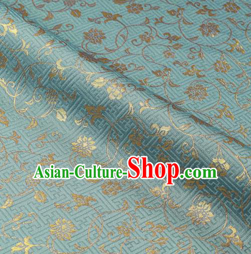 Japanese Traditional Kimono Classical Scroll Pattern Blue Brocade Damask Asian Japan Satin Drapery Silk Fabric