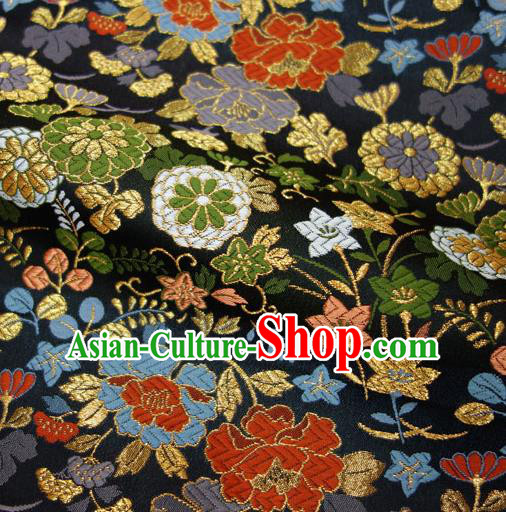 Japanese Traditional Kimono Classical Peony Pattern Black Brocade Damask Asian Japan Satin Drapery Silk Fabric