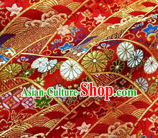 Japanese Traditional Kimono Classical Daisy Pattern Red Brocade Damask Asian Japan Satin Drapery Silk Fabric