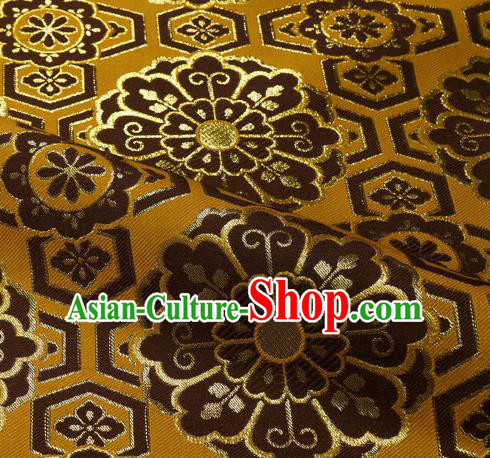 Japanese Traditional Kimono Classical Flowers Pattern Yellow Brocade Damask Asian Japan Satin Drapery Silk Fabric