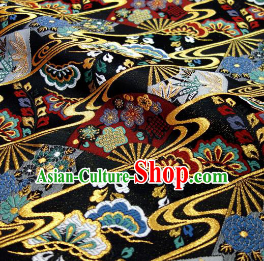 Japanese Traditional Kimono Classical Fans Pattern Black Brocade Damask Asian Japan Nishijin Satin Drapery Silk Fabric
