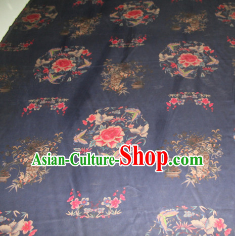 Asian Chinese Cheongsam Classical Peony Orchid Pattern Navy Gambiered Guangdong Gauze Satin Drapery Brocade Traditional Brocade Silk Fabric