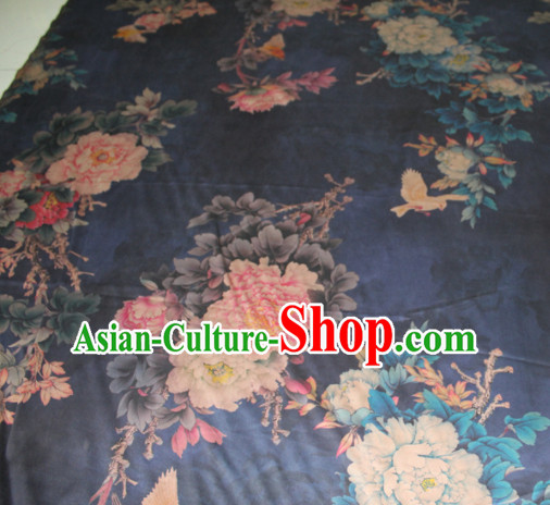 Asian Chinese Cheongsam Classical Peony Pattern Navy Gambiered Guangdong Gauze Satin Drapery Brocade Traditional Brocade Silk Fabric