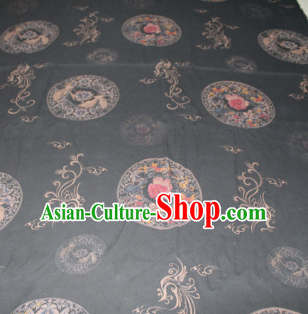 Chinese Traditional Cheongsam Classical Cranes Peony Pattern Black Gambiered Guangdong Gauze Asian Satin Drapery Brocade Silk Fabric