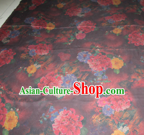 Chinese Traditional Cheongsam Classical Flowers Pattern Wine Red Gambiered Guangdong Gauze Asian Satin Drapery Brocade Silk Fabric