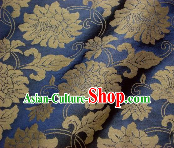 Japanese Traditional Kimono Classical Peony Pattern Navy Brocade Damask Asian Japan Nishijin Satin Drapery Silk Fabric