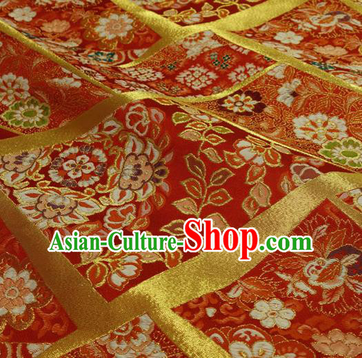 Japanese Traditional Kimono Classical Flowers Pattern Red Brocade Damask Asian Japan Nishijin Satin Drapery Silk Fabric