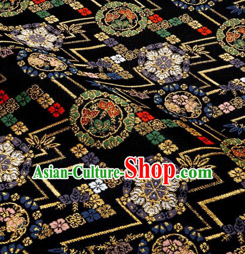 Japanese Traditional Kimono Classical Round Pattern Black Brocade Damask Asian Japan Nishijin Satin Drapery Silk Fabric