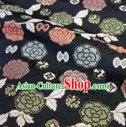 Japanese Traditional Kimono Classical Peony Pattern Black Brocade Damask Asian Japan Nishijin Satin Drapery Silk Fabric