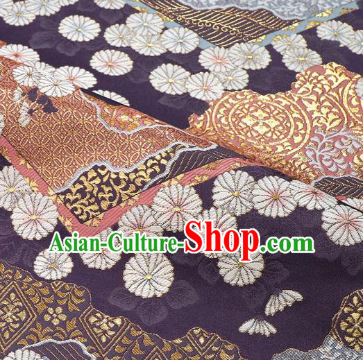 Japanese Traditional Kimono Classical Daisy Pattern Purple Brocade Damask Asian Japan Nishijin Satin Drapery Silk Fabric