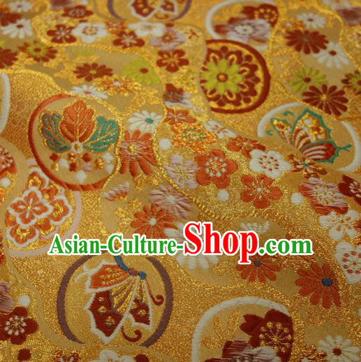 Japanese Traditional Kimono Classical Butterfly Flowers Pattern Golden Brocade Damask Asian Japan Nishijin Satin Drapery Silk Fabric