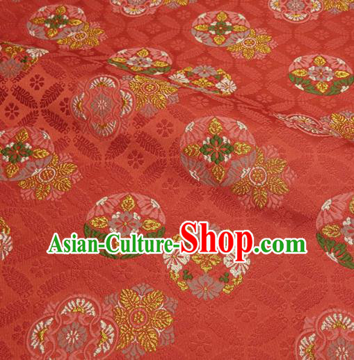 Japanese Traditional Kimono Classical Qibao Flowers Pattern Red Brocade Damask Asian Japan Nishijin Satin Drapery Silk Fabric