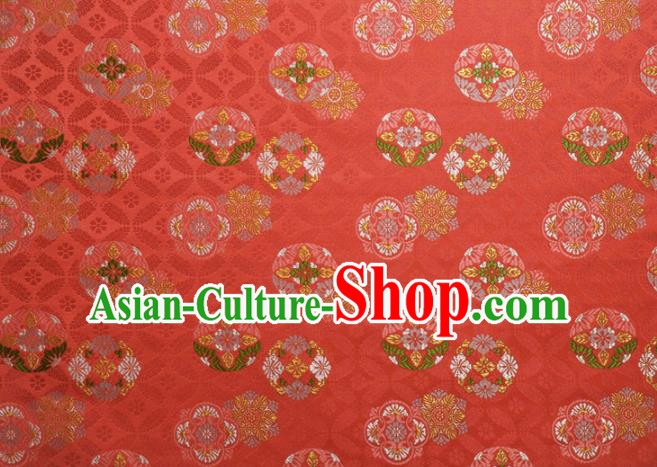 Japanese Traditional Kimono Classical Qibao Flowers Pattern Red Brocade Damask Asian Japan Nishijin Satin Drapery Silk Fabric