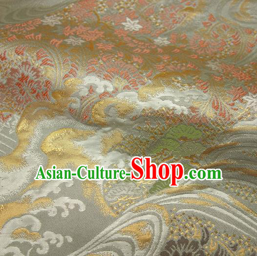 Japanese Traditional Kimono Classical Wave Pattern Argent Brocade Damask Asian Japan Nishijin Satin Drapery Silk Fabric