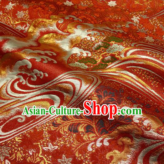 Japanese Traditional Kimono Classical Wave Pattern Red Brocade Damask Asian Japan Nishijin Satin Drapery Silk Fabric