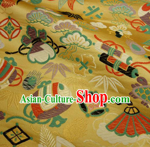 Japanese Traditional Kimono Classical Fans Pattern Yellow Brocade Damask Asian Japan Nishijin Satin Drapery Silk Fabric