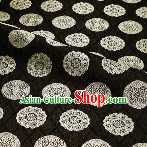 Japanese Traditional Kimono Classical Round Chrysanthemum Pattern Black Brocade Damask Asian Japan Nishijin Satin Drapery Silk Fabric