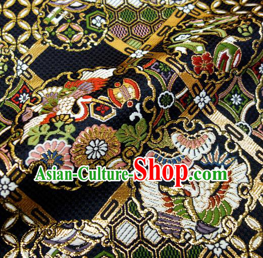 Japanese Traditional Kimono Classical Crane Daisy Pattern Black Brocade Damask Asian Japan Nishijin Satin Drapery Silk Fabric