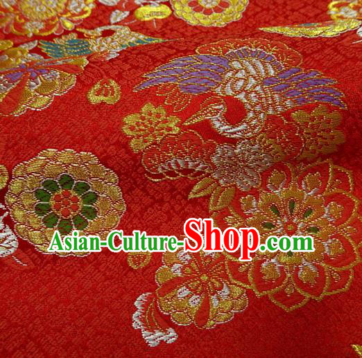 Japanese Traditional Kimono Classical Crane Daisy Pattern Red Brocade Damask Asian Japan Nishijin Satin Drapery Silk Fabric