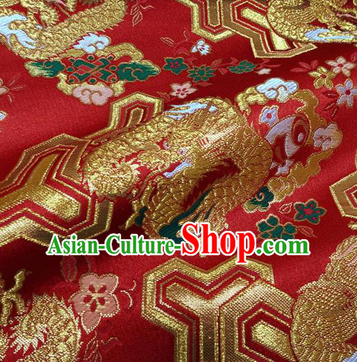 Japanese Traditional Kimono Classical Dragons Pattern Red Brocade Damask Asian Japan Nishijin Satin Drapery Silk Fabric