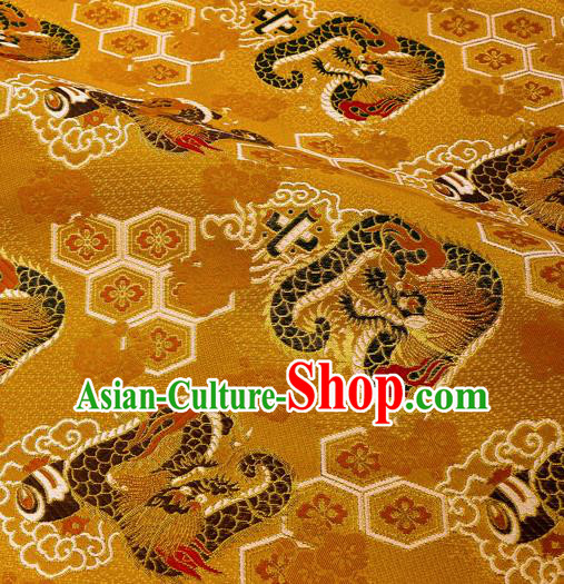 Japanese Traditional Kimono Classical Dragons Pattern Golden Brocade Damask Asian Japan Nishijin Satin Drapery Silk Fabric