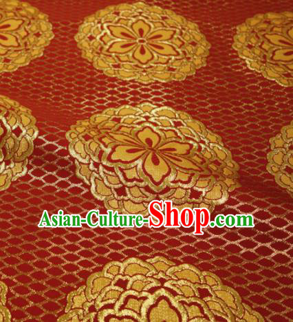 Japanese Traditional Kimono Classical Four Kettle Pattern Red Brocade Damask Asian Japan Nishijin Satin Drapery Silk Fabric