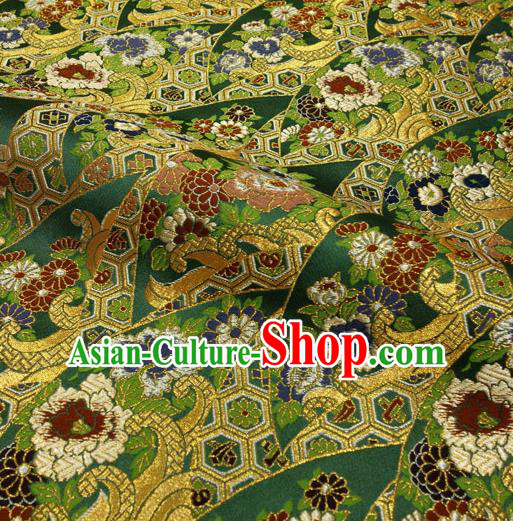 Japanese Traditional Kimono Classical Daisy Pattern Deep Green Brocade Damask Asian Japan Nishijin Satin Drapery Silk Fabric