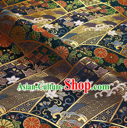 Japanese Traditional Kimono Classical Chrysanthemum Pattern Navy Brocade Damask Asian Japan Nishijin Satin Drapery Silk Fabric