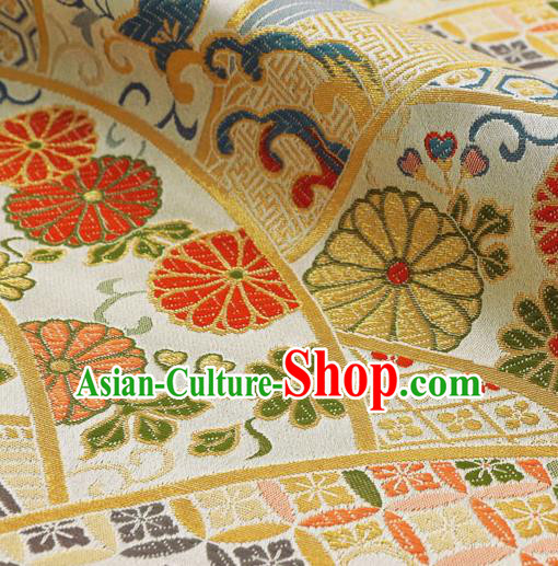 Japanese Traditional Kimono Classical Chrysanthemum Pattern White Brocade Damask Asian Japan Nishijin Satin Drapery Silk Fabric