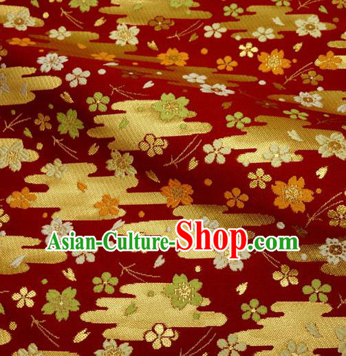Japanese Traditional Kimono Classical Cloud Sakura Pattern Red Brocade Damask Asian Japan Nishijin Satin Drapery Silk Fabric