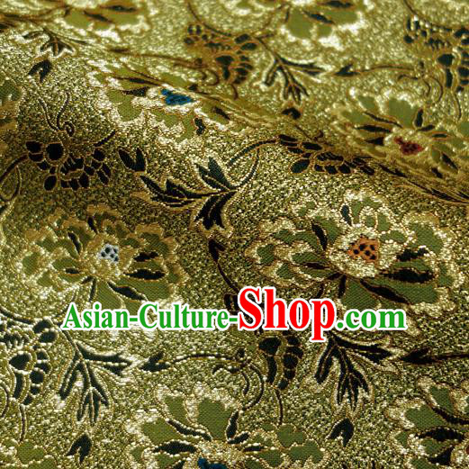 Japanese Traditional Kimono Classical Pine Peony Pattern Olive Green Brocade Damask Asian Japan Nishijin Satin Drapery Silk Fabric