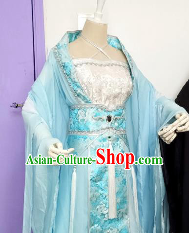 Chinese Cosplay Princess Costume Ancient Goddess Swordswoman Blue Dress for Women