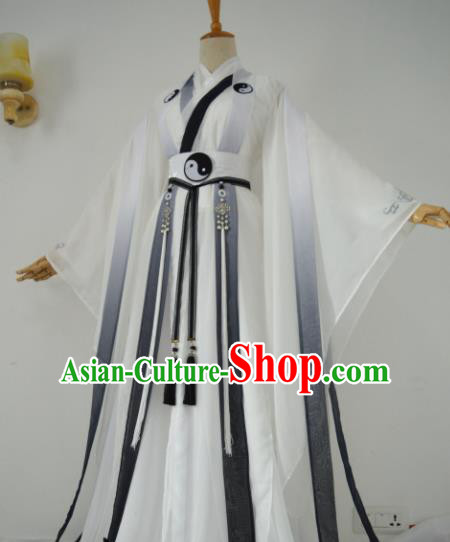 Chinese Customized Traditional Cosplay Taoist White Costume Ancient Drama Childe Swordsman Clothing for Men