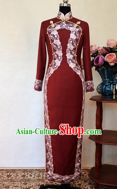 Chinese Traditional Customized Rust Red Cheongsam National Costume Classical Qipao Dress for Women