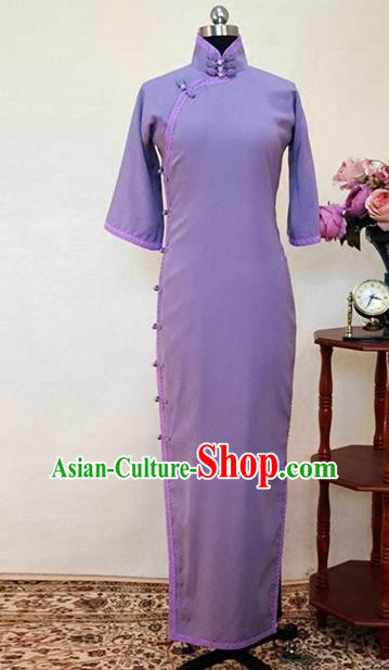 Chinese Traditional Customized Purple Cheongsam National Costume Classical Qipao Dress for Women