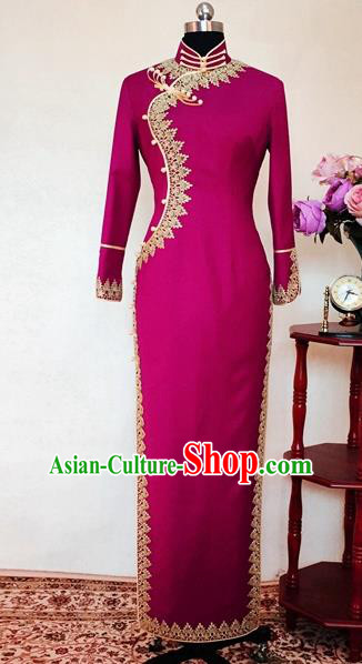 Chinese Traditional Customized Rosy Cheongsam National Costume Classical Qipao Dress for Women