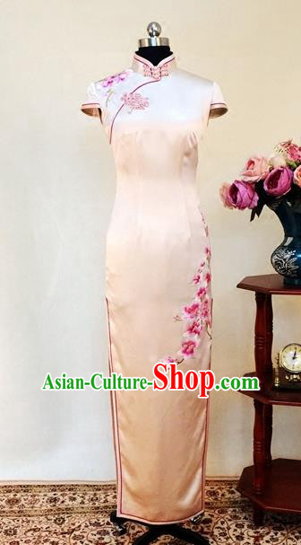 Chinese Traditional Customized Embroidered Champagne Cheongsam National Costume Classical Qipao Dress for Women