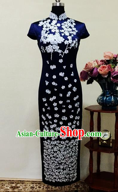 Chinese Traditional Customized Embroidered Navy Cheongsam National Costume Classical Qipao Dress for Women