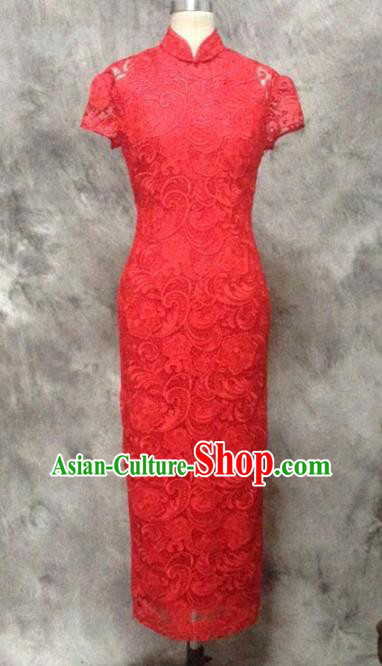 Chinese Traditional Customized Red Lace Cheongsam National Costume Classical Qipao Dress for Women