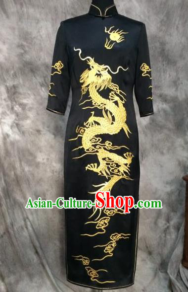 Chinese Traditional Customized Printing Dragon Black Silk Cheongsam National Costume Classical Qipao Dress for Women