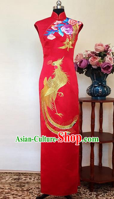 Chinese Traditional Customized Embroidered Phoenix Peony Red Silk Cheongsam National Costume Classical Qipao Dress for Women