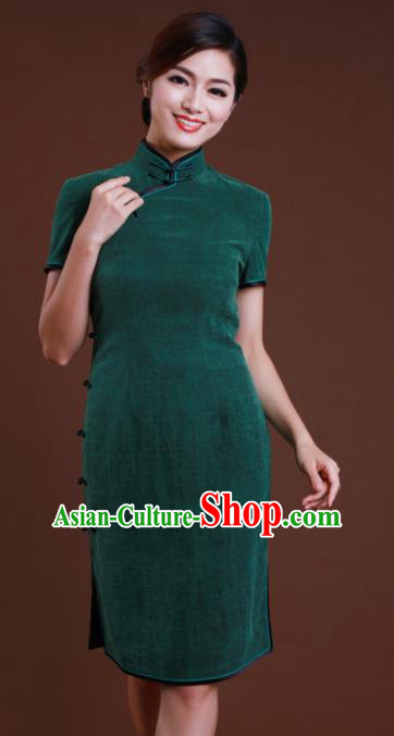 Chinese Traditional Customized Atrovirens Cheongsam National Costume Classical Qipao Dress for Women