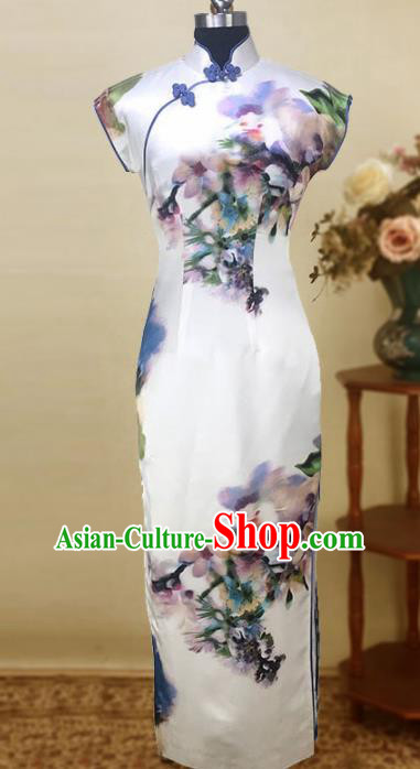 Chinese Traditional Customized Printing Silk Cheongsam National Costume Classical Qipao Dress for Women